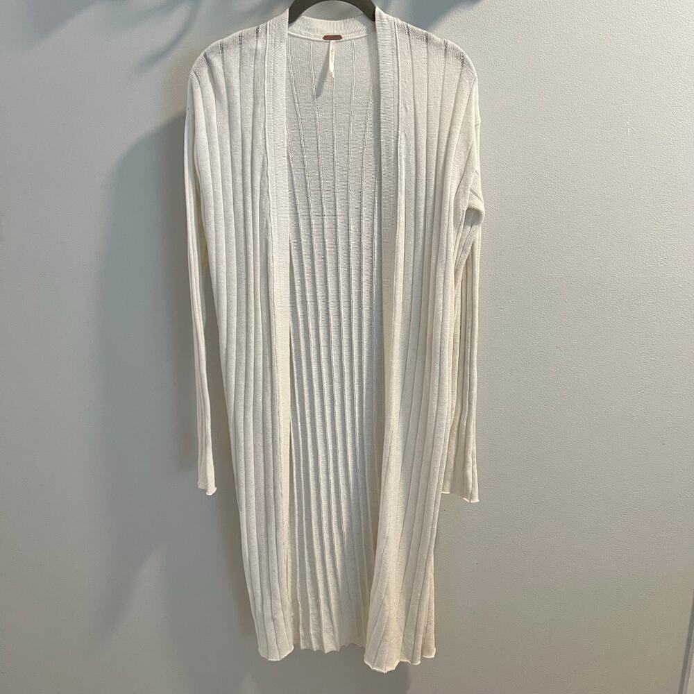Free People Cream Ribbed Knit Linen Cotton Open Front Cardigan Sweater Size XS